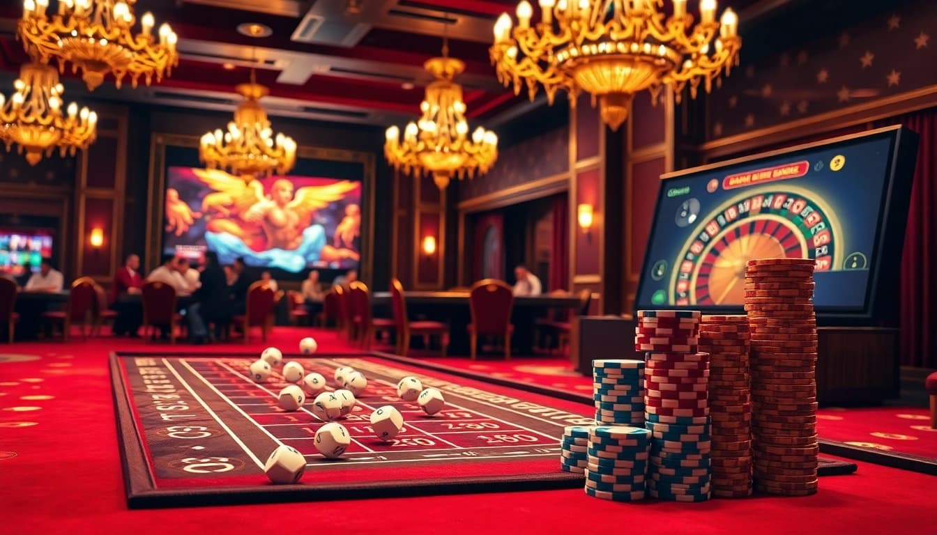 Scène passionnante de casino en ligne avec des joueurs à une table de craps et une roue de roulette.