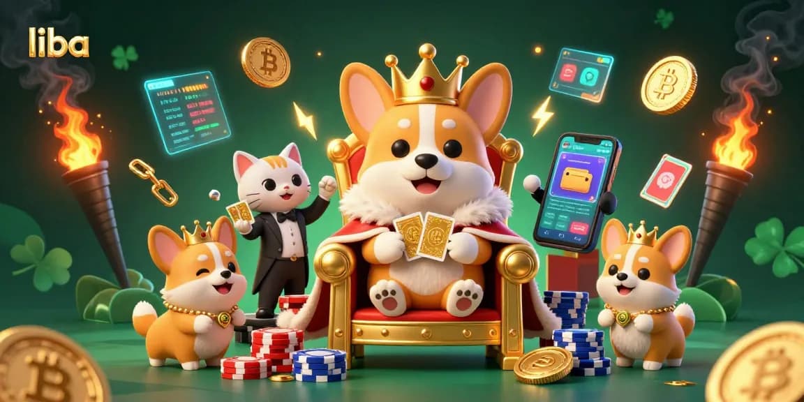 Liba showcases a royal corgi on a poker chip throne, presenting elite casino action and crypto innovation.