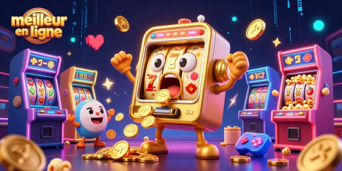 Illustration dynamique de meilleur casino en ligne mettant en scène une machine à sous dorée gagnant un jackpot.