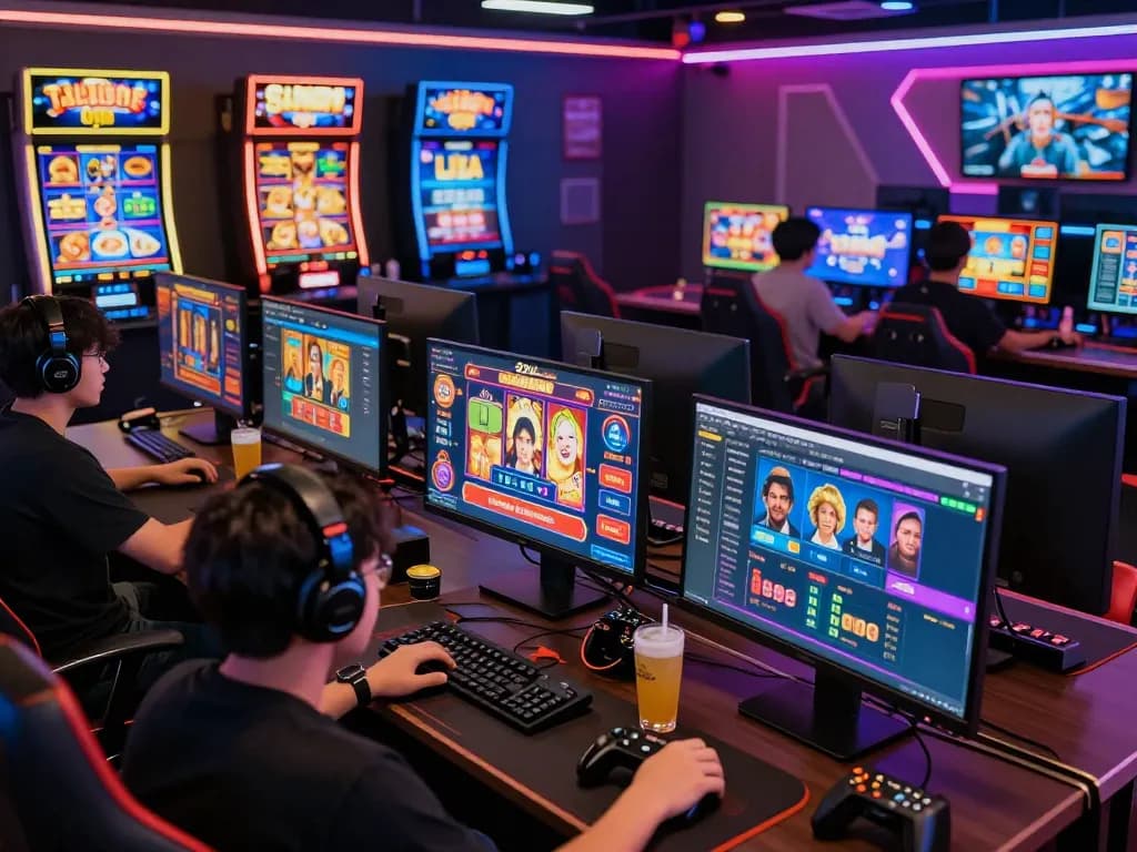 32win online gaming experience with players engaged in betting operations, showcasing vivid screens and energetic atmosphere.