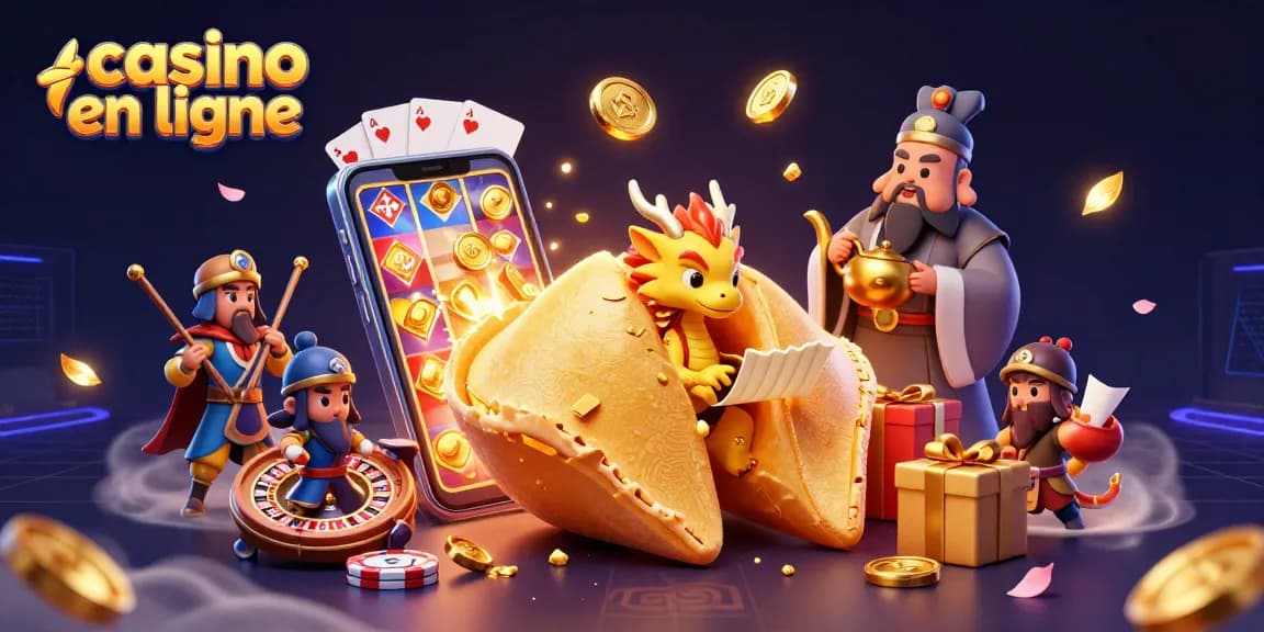 Jouez sur un casino en ligne avec une illustration dynamique de jeux et personnages colorés.
