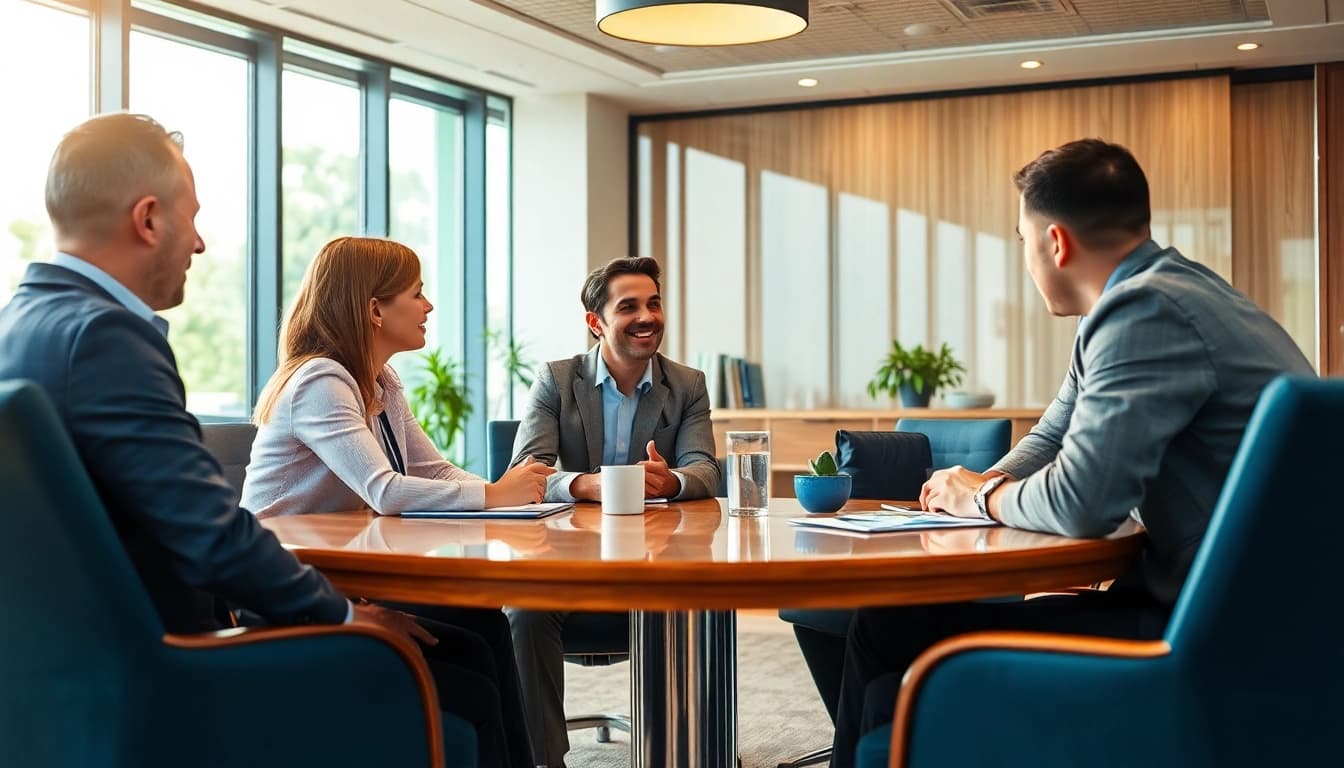 Engaging financial advisor providing tailored advice to clients in a professional setting.