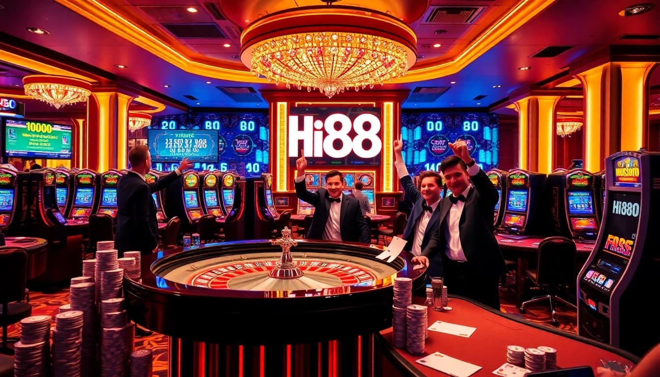 Players enjoying exciting games at Hi88 casino with roulette and slot machines.