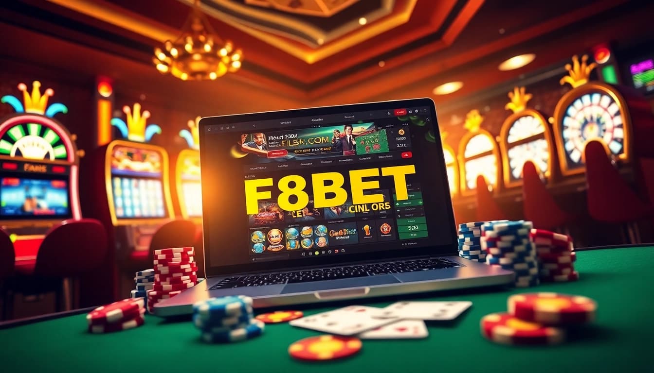 Players engaging with F8BET.COM's high-class online casino experience surrounded by vibrant gaming elements.