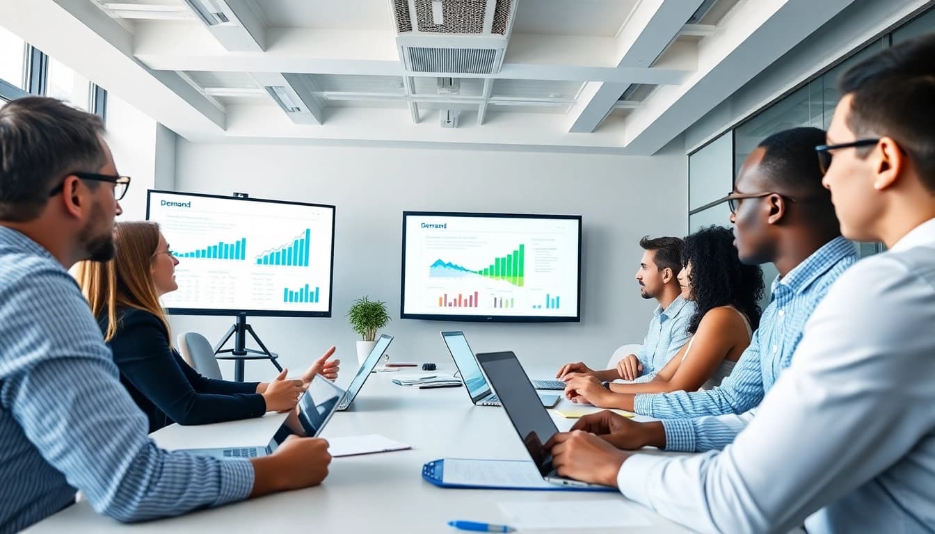 Engage in demand planning discussion with diverse team using data insights in a bright office.