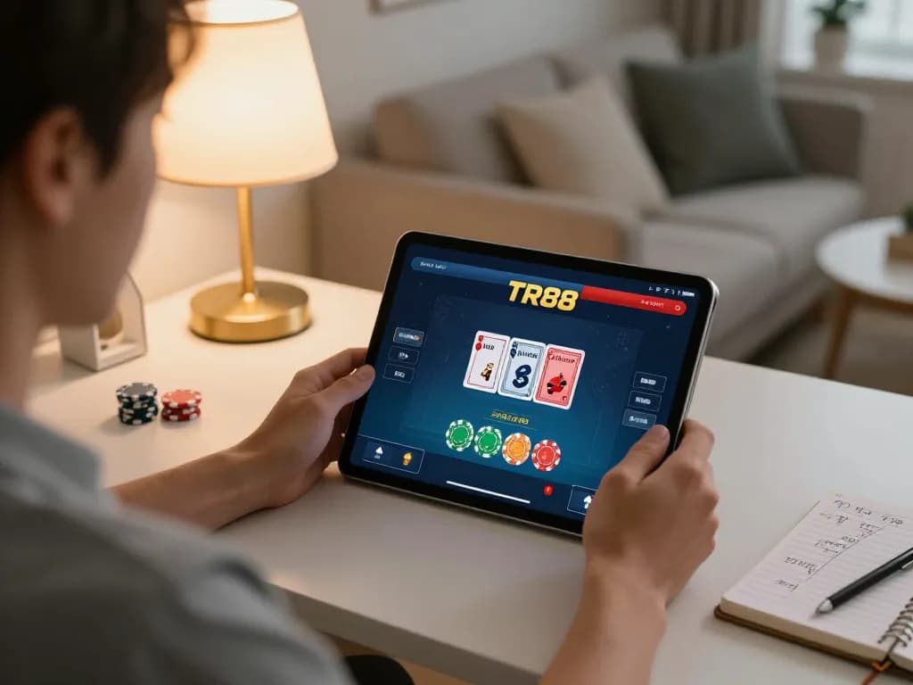 Engaged player using TR88 casino app on tablet in a cozy home setting, showcasing strategic betting action