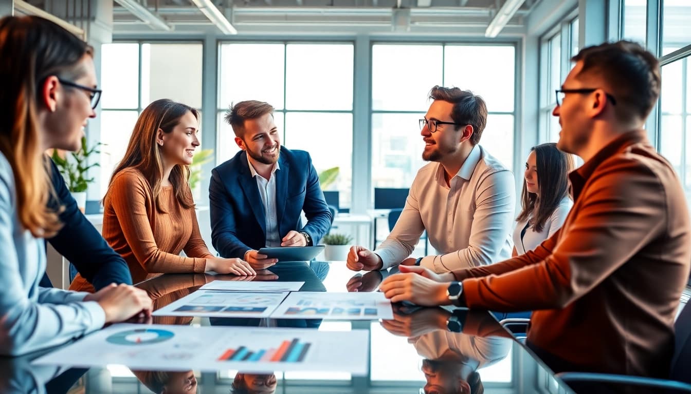 Highlighting founder leadership insights through a collaborative office scene with a diverse team.