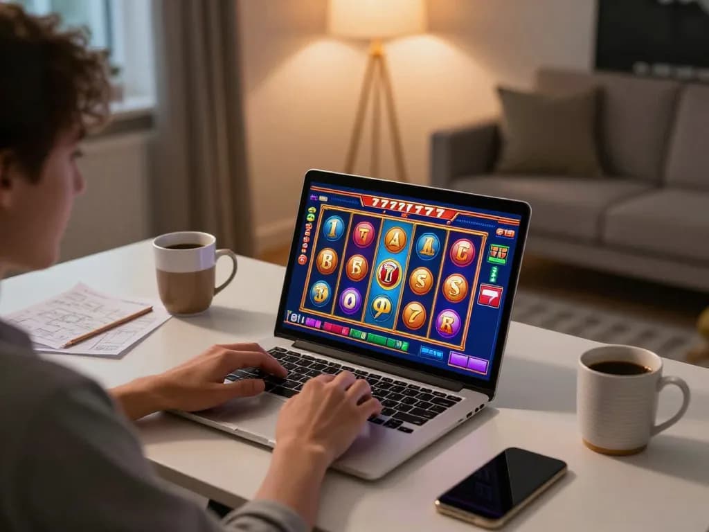Engaging in exciting slot777 gameplay on a laptop, cozy home setup with modern decor.