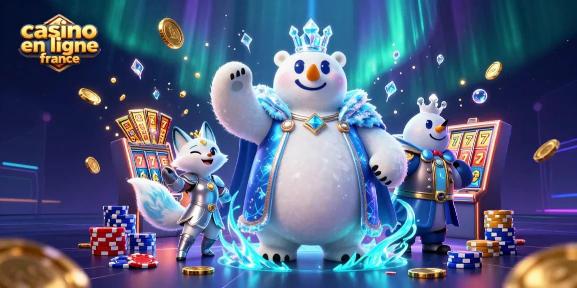 Illustration dynamique d'un casino en ligne France avec roi polaire et renard, machines à sous et jetons colorés.