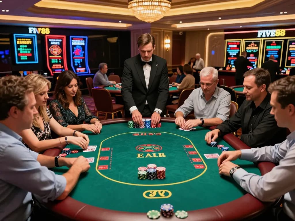 Experience strategic gameplay at Five88's vibrant poker scene in a luxury casino.