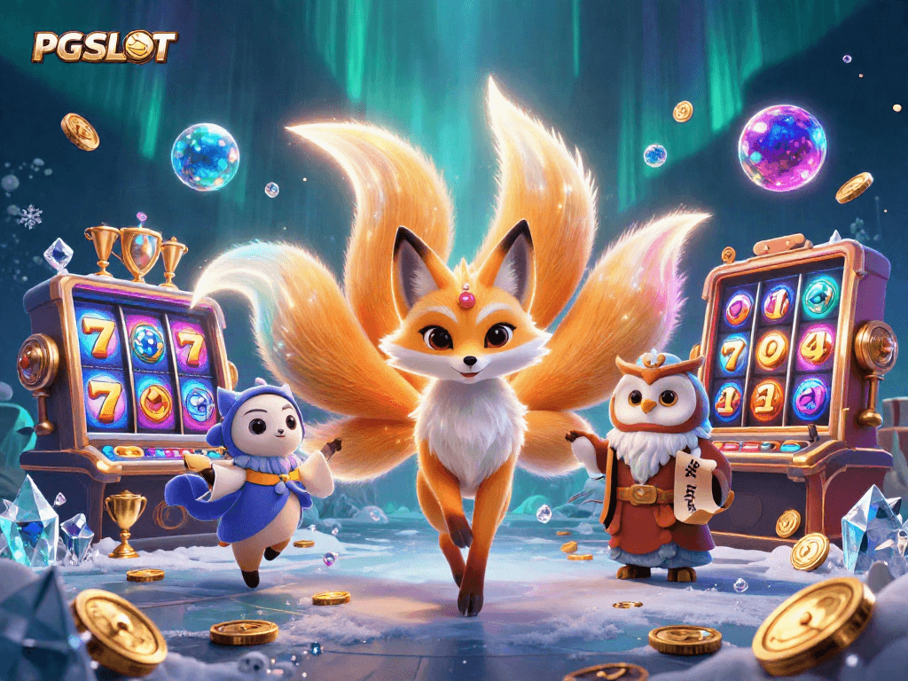 Experience the excitement of PG SLOT with vibrant slot reels and characters amidst dazzling casino elements.
