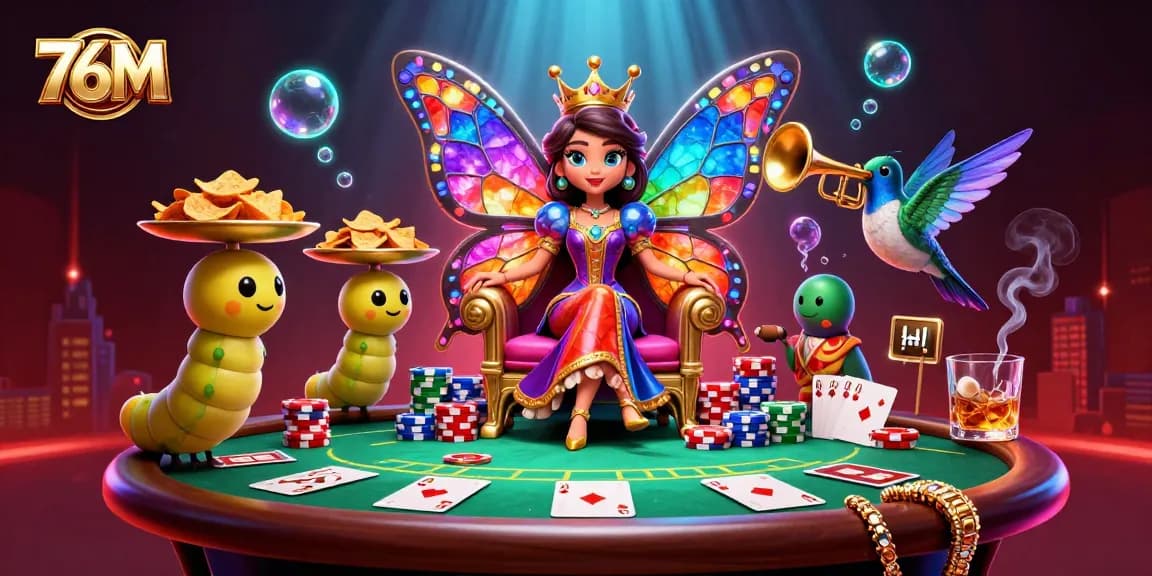 Interagindo em um cassino, a rainha borboleta da 76M encanta em seu trono com fichas de poker.