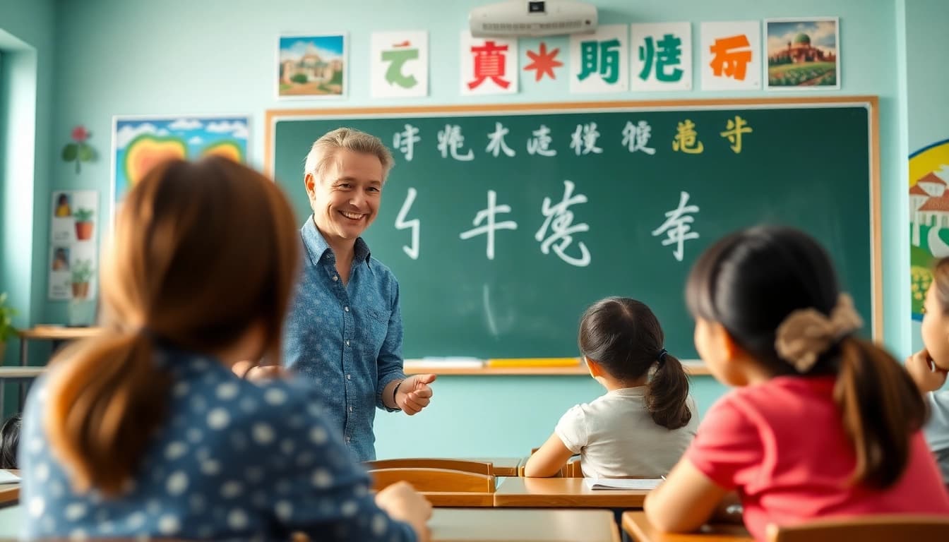Teach English in Taiwan with an interactive classroom scene showing diverse students engaged with a teacher.