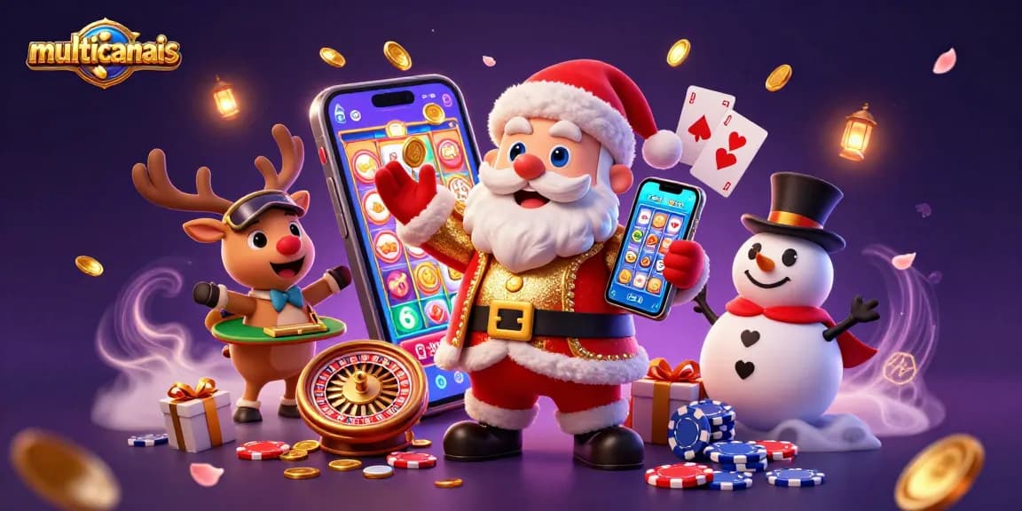 Win big with multicanais in a vibrant casino adventure featuring Santa and friends.