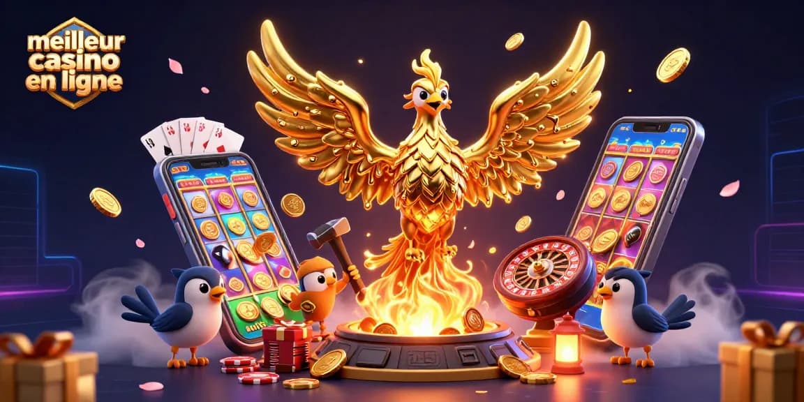 Jouez au meilleur casino en ligne et gagnez de l'or avec un phoenix en or et un smartphone à thème.