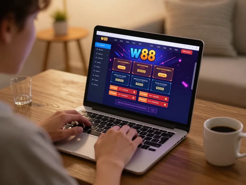 Player engaging with w 88 online casino on laptop while analyzing betting strategies at home.