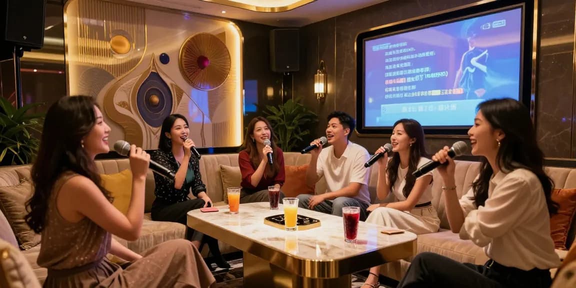 강남가라오케에서 친구들과 함께 즐기는 사교 모임, 고급스럽고 아늑한 분위기.