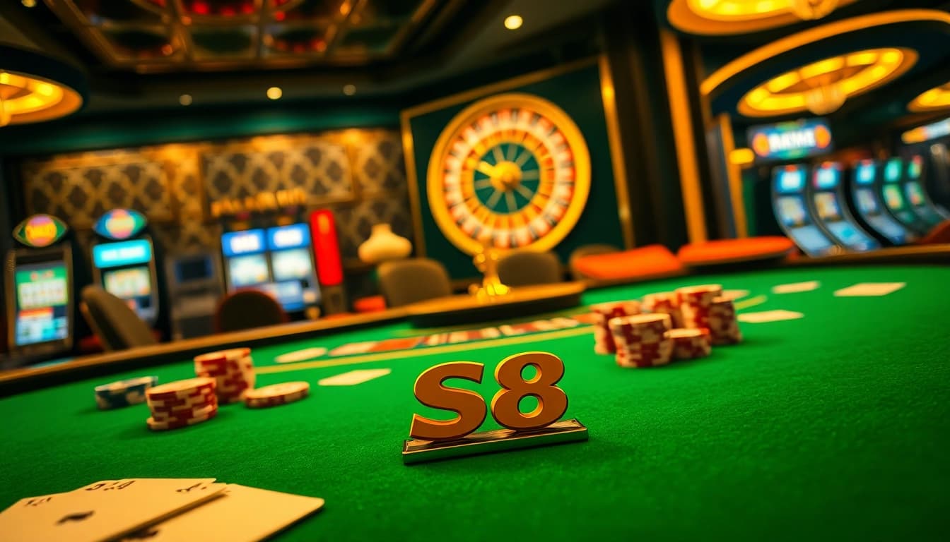 Players engaging in a heated poker game at a luxurious casino featuring S8 branding.
