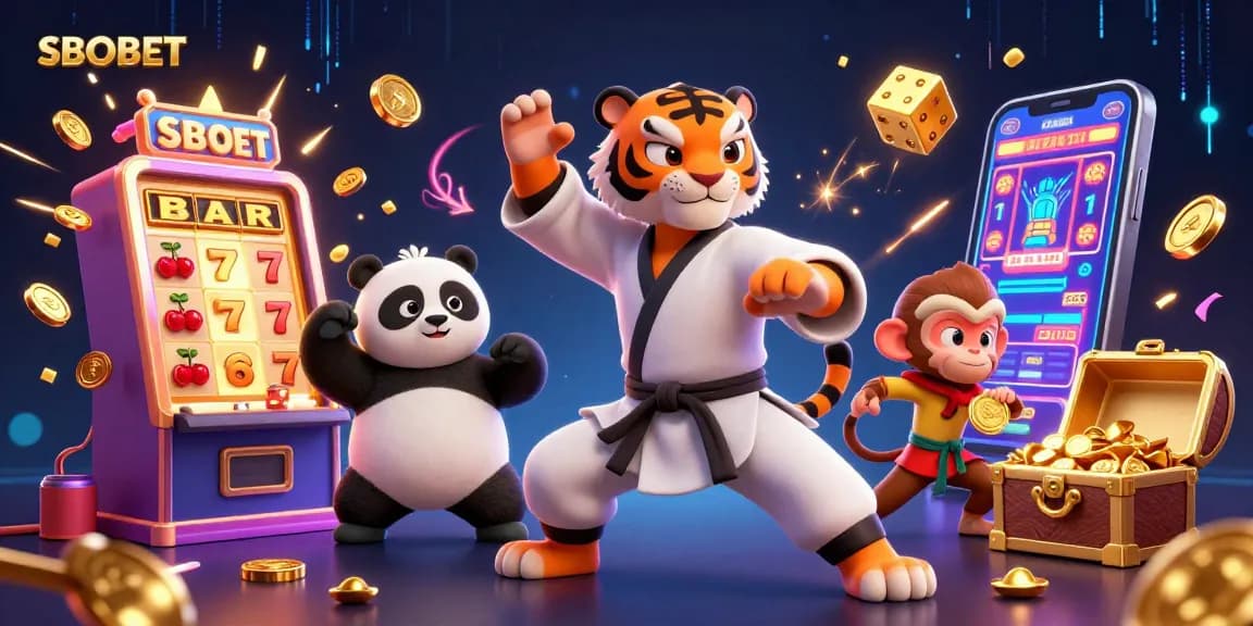 SBOBET's vibrant casino experience illustrated with a kung fu tiger and playful characters amidst a jackpot scene.
