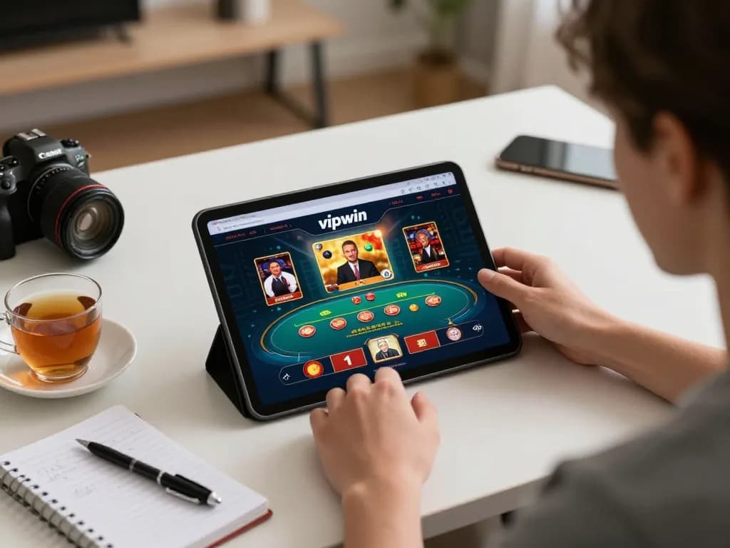 Engaged player strategizing at vipwin online casino on a tablet with poker graphics.