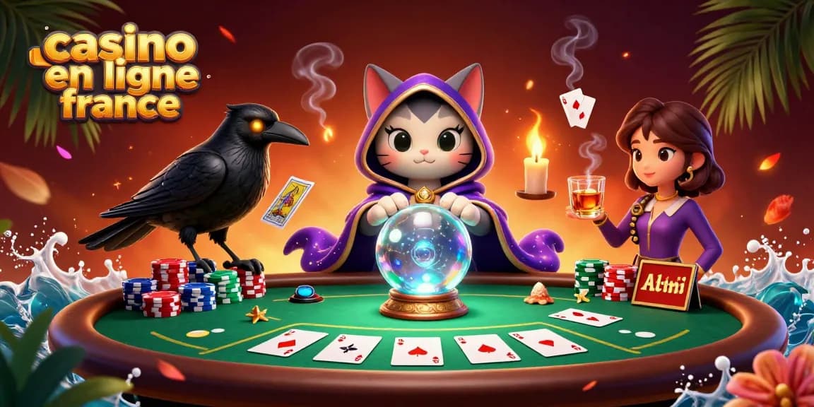 Découvrez le monde du casino en ligne France avec une illustration captivante de jeux de cartes et de mystères.