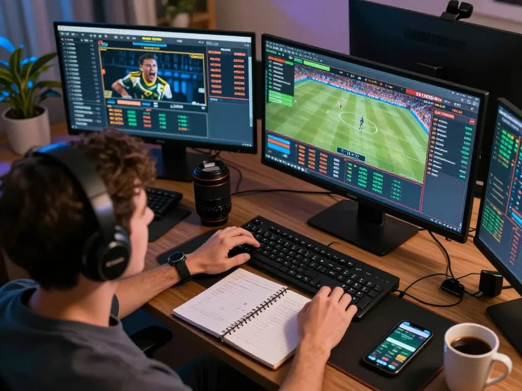 Engaging in live betting at xx88, emphasizing strategic decisions with screens showing real-time sports events.