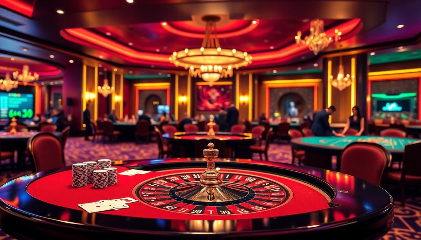 A vibrant casino scene with players enjoying 888new games at a luxurious gaming table.