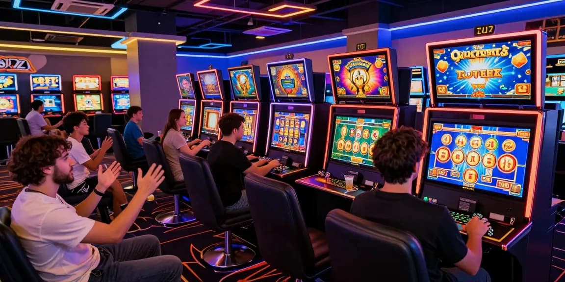 Engaged players enjoying JPTOTO online slots in a vibrant virtual casino atmosphere, showcasing excitement and camaraderie.