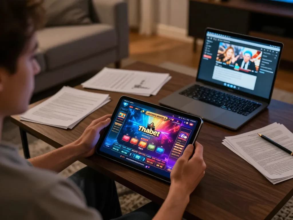 Player engaging with thabet's casino app on a tablet, showcasing responsible online gaming.
