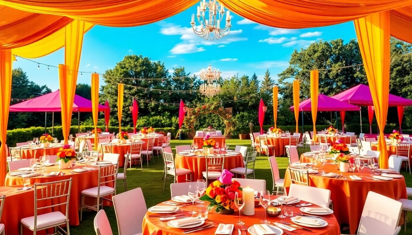 Organized tables and tents showcasing Party Rentals for an outdoor event