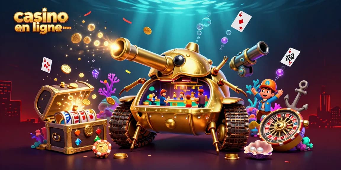 Une tankette dorée en forme de scarabée révèle un mini casino, représentant casino en ligne france.