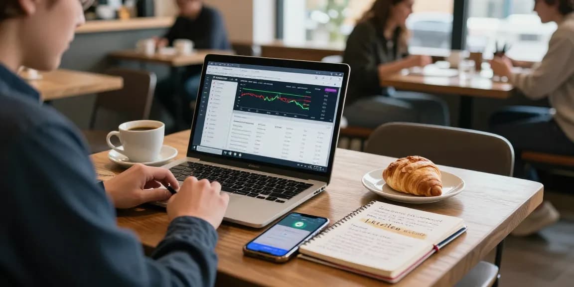 Explore the best cloud mining techniques in a bustling coffee shop with crypto research on display.