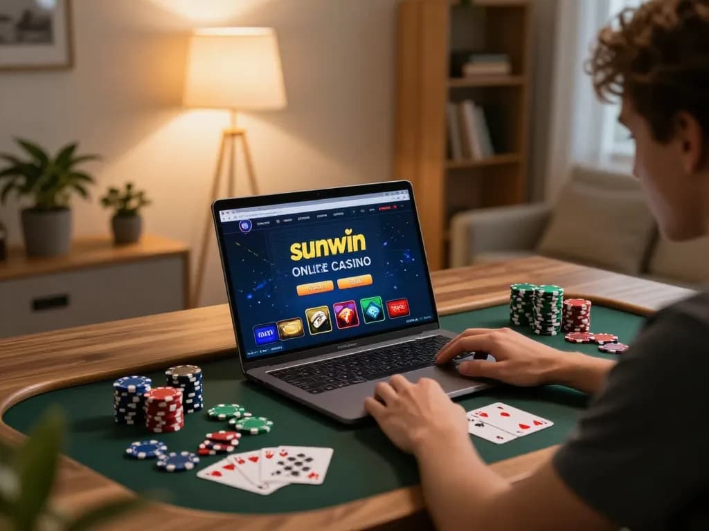 Person enjoying gameplay on sunwin online casino, surrounded by poker chips and cards in a modern home