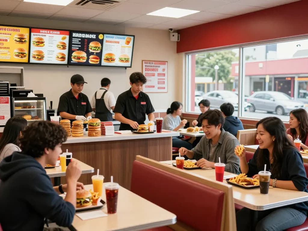 Fast food menu items served in a vibrant restaurant setting with happy customers enjoying their meals.