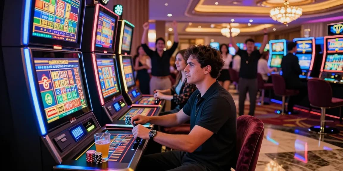 Exciting moment at a slot 5000 machine in a vibrant casino filled with players.