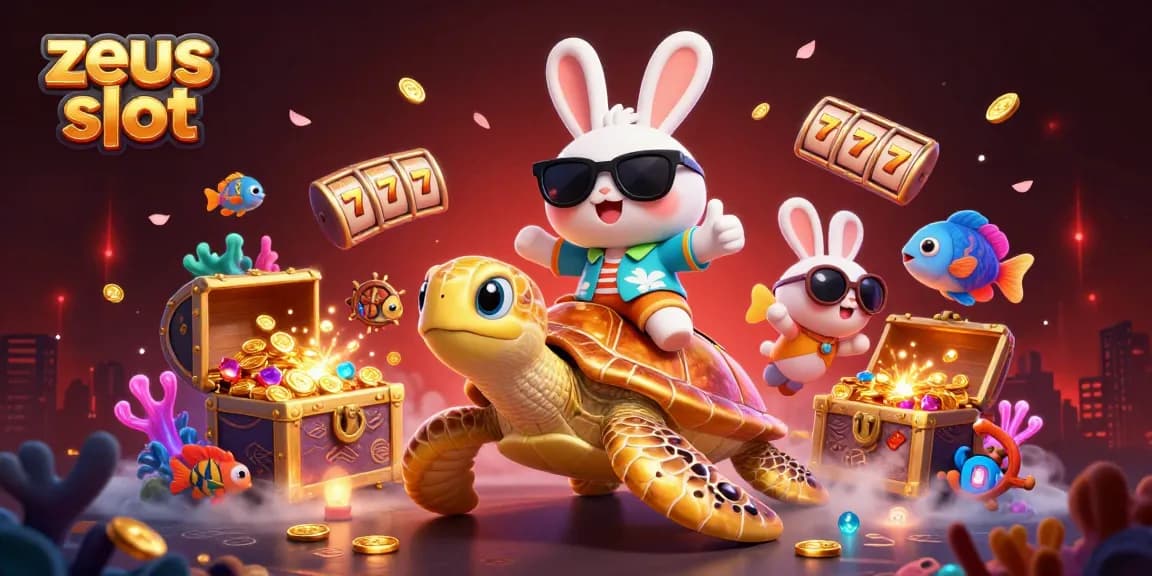 Spin to win on the zeus slot with a cute rabbit and golden sea turtle in a vibrant casino scene.