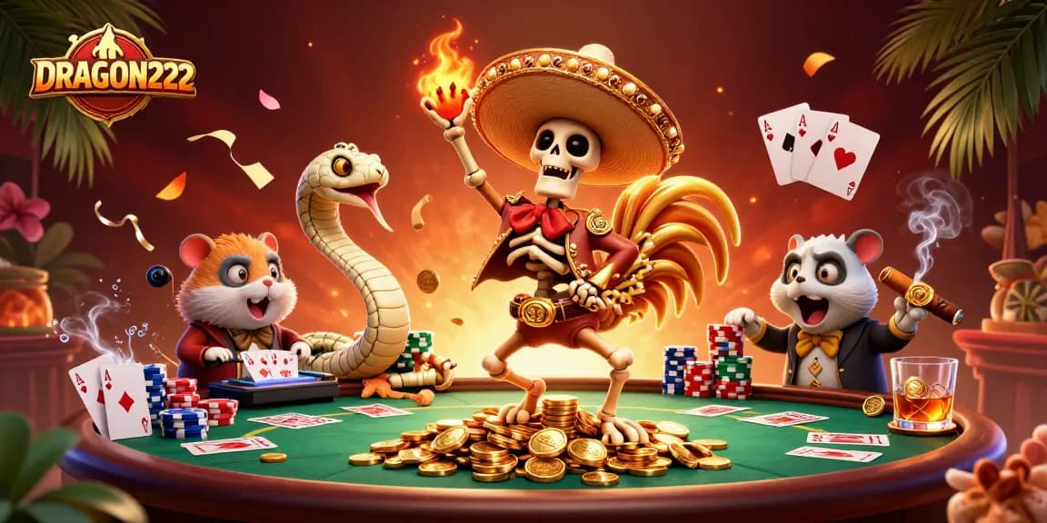 DRAGON222 showcases a festive casino scene with vibrant characters and poker elements.