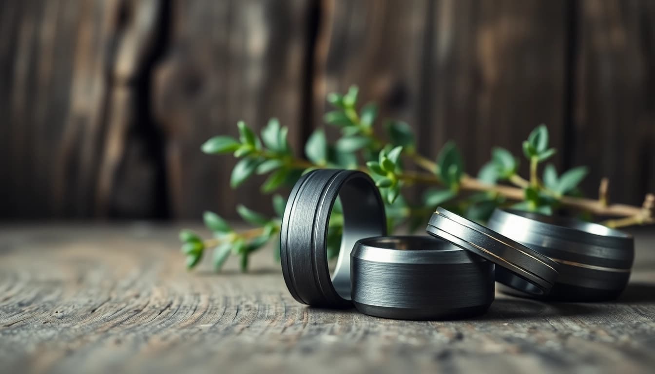 Showcase Gunmetal Wedding Bands for Men featuring intricate designs on a wooden surface.