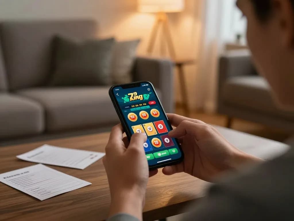 Using the Link 79king app on a smartphone for an exciting online betting experience in a cozy setting