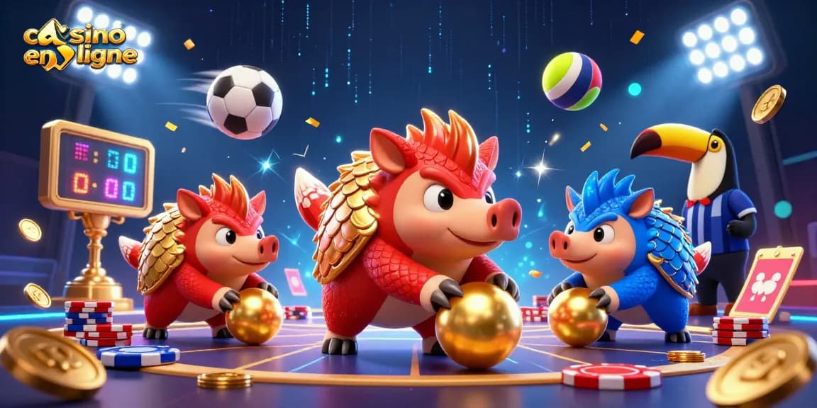 Des pangolins rivaux dans une scène animée de casino en ligne, entourés de jetons et de ballons.