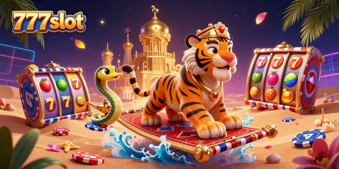 Memenangkan hadiah di 777slot dengan slot klasik dan simbol keberuntungan di latar belakang magis.