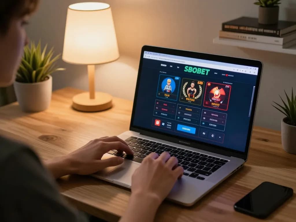 SBOBET online gambler navigating betting interface on laptop in cozy home setup