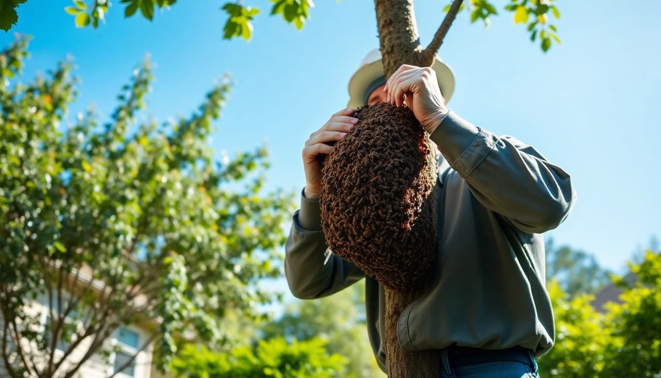 Expert performing honey bee hive removal safely from a residential area