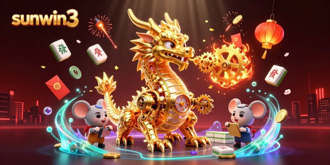 Engage in thrilling gaming with sunwin3 as a golden dragon breathes cogs, surrounded by vibrant casino elements.