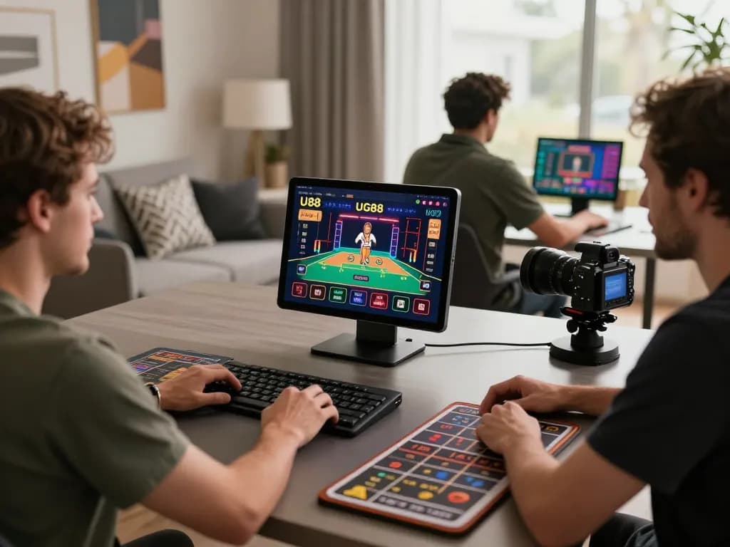 Engaging user playing on UG88 casino app on tablet in a stylish home setup