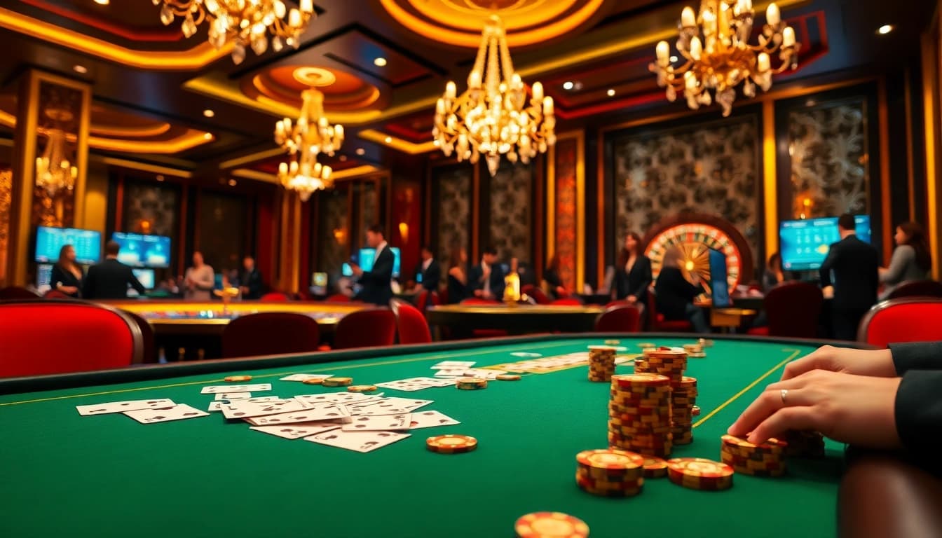 Engaged players enjoying high-stakes poker at a vibrant C 168 casino with luxurious decor.