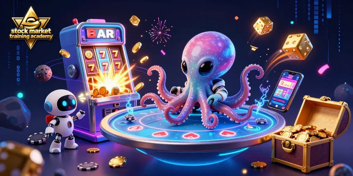 Experience the exciting atmosphere of stock market training academy with immersive casino game elements in a vibrant scene.