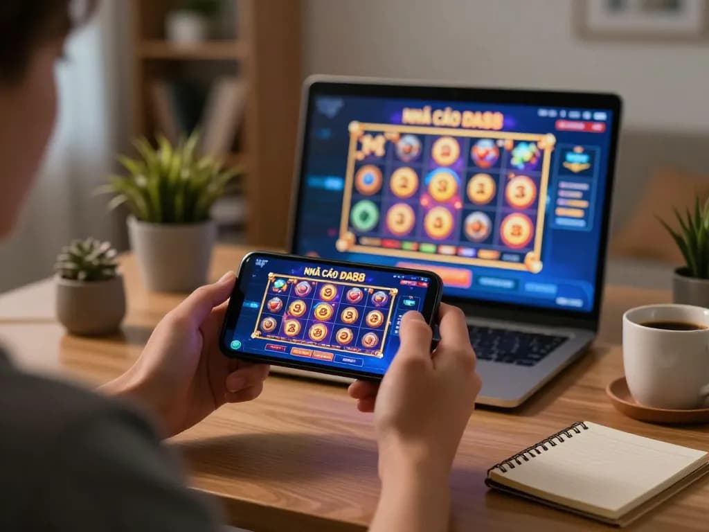 Engaging with the NHÀ CÁI DA88 casino app in a cozy home setup, showcasing smartphone gaming and responsible gambling.