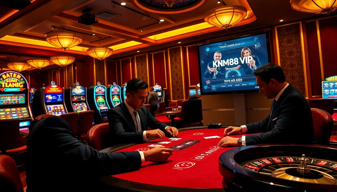 km88vip players analyzing hands at a luxurious poker table in an elegant casino.