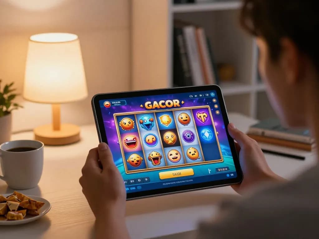 Engaging gameplay with slot gacor displayed on tablet, vibrant casino atmosphere at home